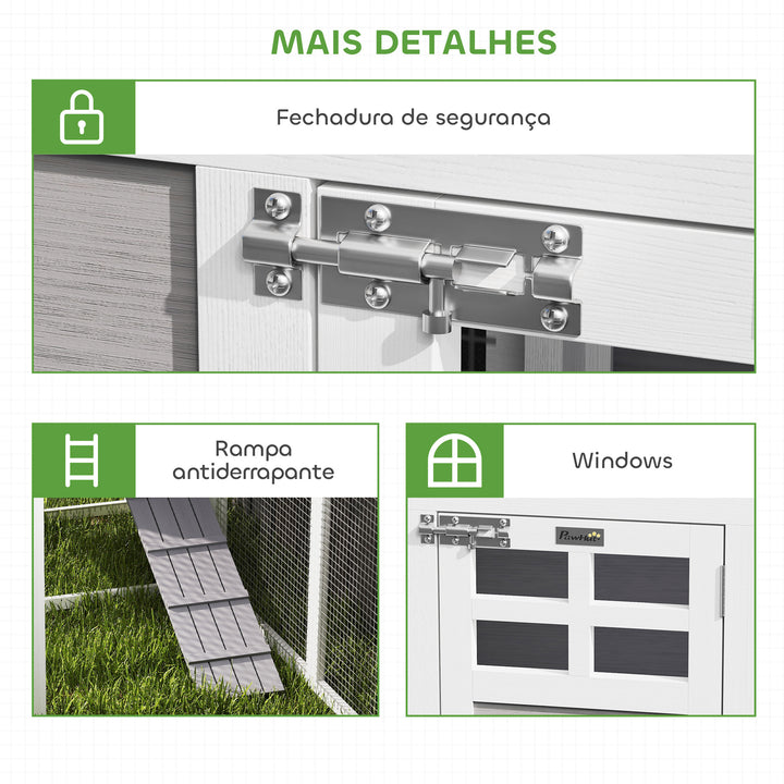 Galinheiro Grande de Madeira para Exterior Gaiola para Galinhas em L com 2 Ninhos Recinto Bandejas Removíveis Telhado em PET e Rampas Casa Elevada para Coelhos 251x192x103 cm Cinzento
