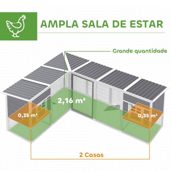 Galinheiro Grande de Madeira para Exterior Gaiola para Galinhas em L com 2 Ninhos Recinto Bandejas Removíveis Telhado em PET e Rampas Casa Elevada para Coelhos 251x192x103 cm Cinzento