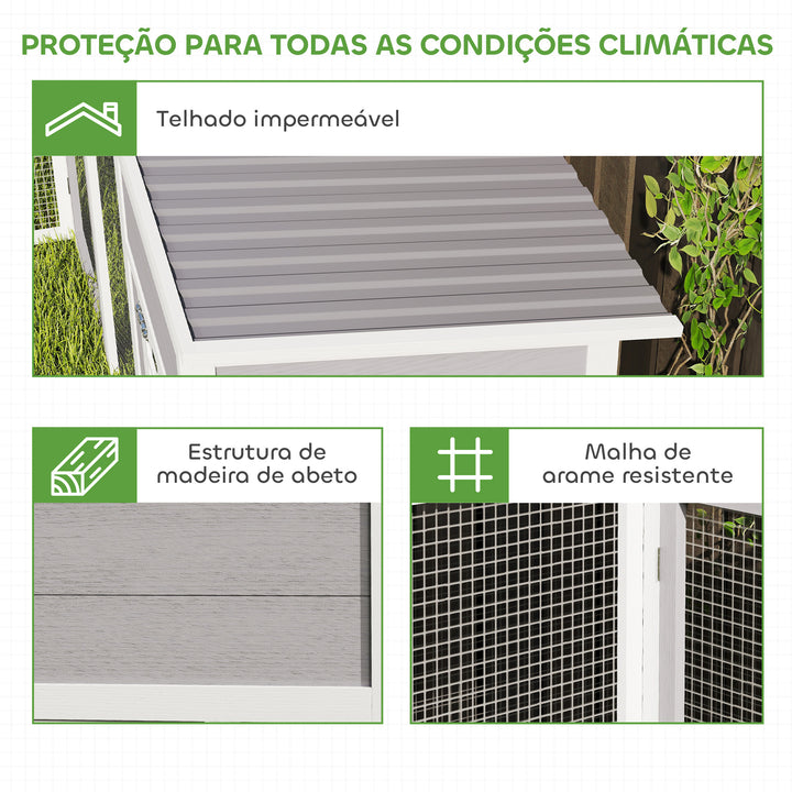 Galinheiro Grande de Madeira para Exterior Gaiola para Galinhas em L com 2 Ninhos Recinto Bandejas Removíveis Telhado em PET e Rampas Casa Elevada para Coelhos 251x192x103 cm Cinzento