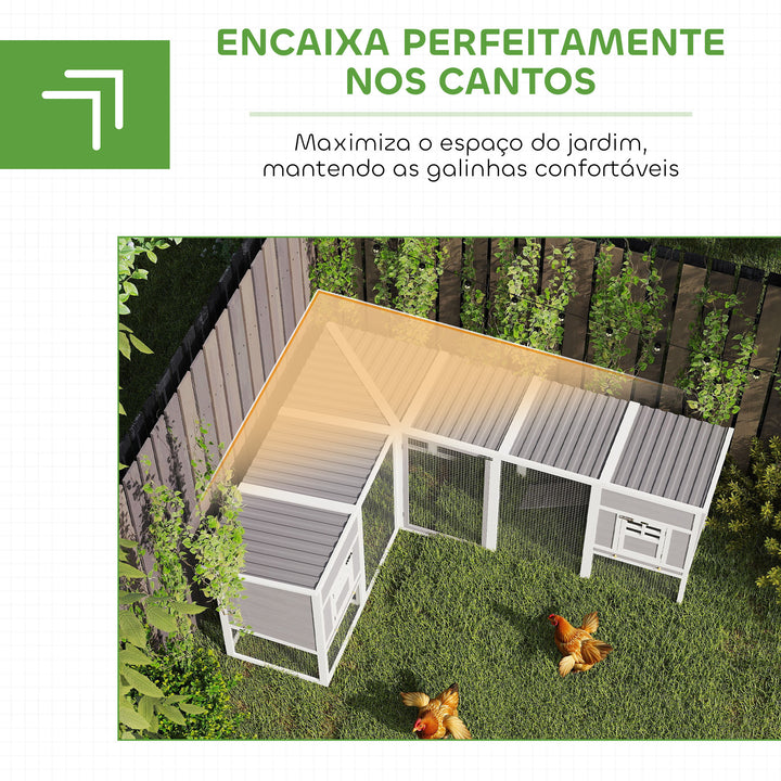 Galinheiro Grande de Madeira para Exterior Gaiola para Galinhas em L com 2 Ninhos Recinto Bandejas Removíveis Telhado em PET e Rampas Casa Elevada para Coelhos 251x192x103 cm Cinzento