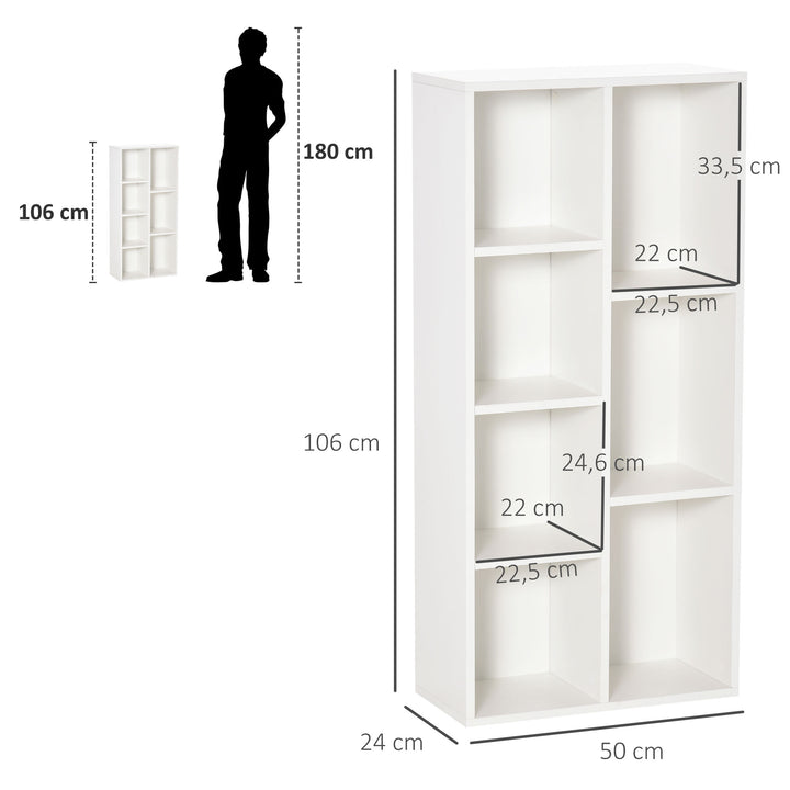 Estante para Livros Estante de Madeira com 7 Compartimentos de Armazenamento Plantas Arquivos para Sala de Estar Dormitório Escritório 50x24x106cm Branco