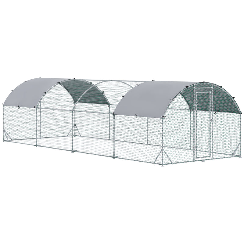 Galinheiro para Exterior Grande 2,8x7,60x1,97 m Galinheiro para 16-24 Galinhas de Aço Galvanizado com Teto de Tecido Oxford para Coelhos Aves Prata