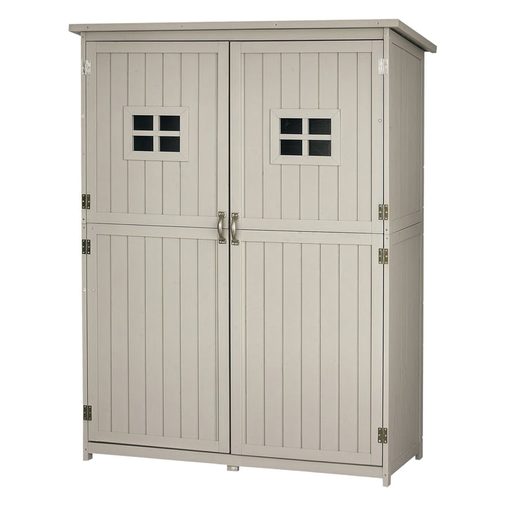 Abrigo de Jardim para Ferramentas Armário de Madeira para Exterior com Prateleira Dupla Porta Janelas e Teto Asfáltico 127,5x50x164cm Cinza