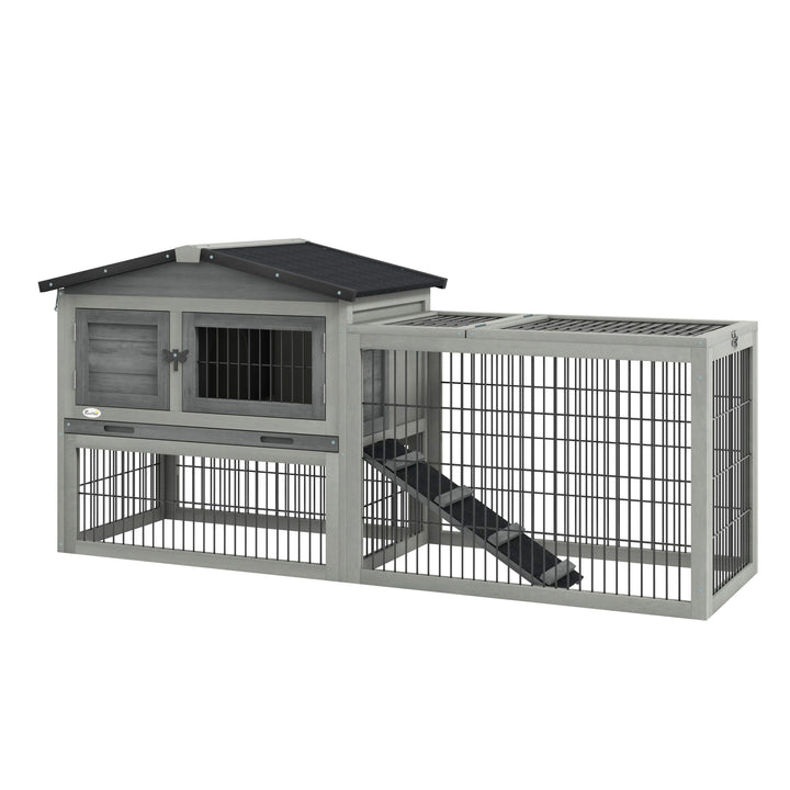 Coelheira Exterior de Madeira 150x52x68 cm Gaiola para 1-2 Coelhos com Teto Asfáltico Abatível Bandeja Amovível e Rampa Cinza