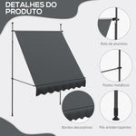 Toldo Manual Retrátil com Manivela 200x120x210-300 cm Toldo para Varanda com Altura Ajustável Impermeável e Anti-UV para Jardim Terraço Cinza Escuro