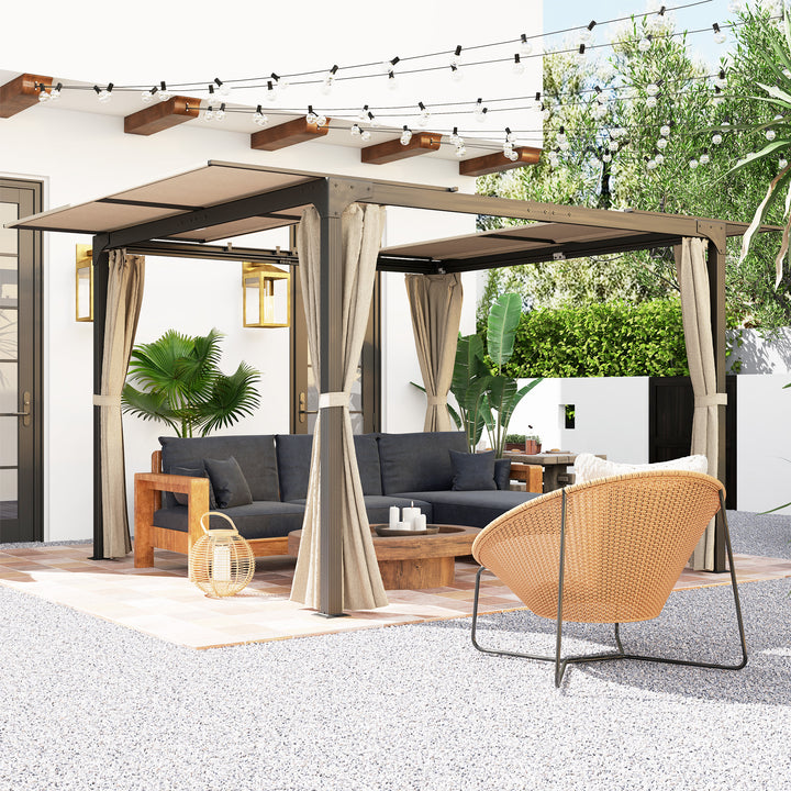 Pérgola de Alumínio 420x295x220 cm Pérgola de Jardim com Telhado de Correr 4 Paredes Laterais e Orifícios de Drenagem Pérgola para Pátio e Terraço Bege e Preto