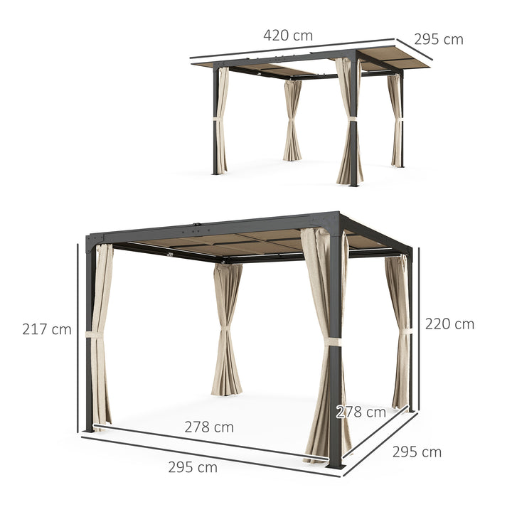 Pérgola de Alumínio 420x295x220 cm Pérgola de Jardim com Telhado de Correr 4 Paredes Laterais e Orifícios de Drenagem Pérgola para Pátio e Terraço Bege e Preto