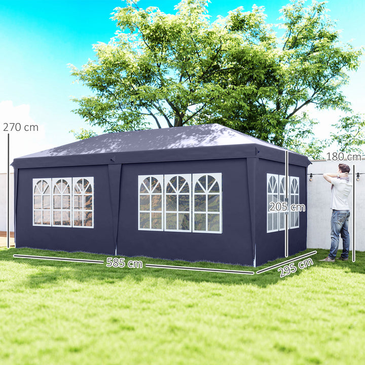 Tenda para Festas 585x295x270 cm com Paredes Laterais Amovíveis Tenda Dobrável com 2 Portas com Fecho de Correr 4 Janelas e Bolsa de Transporte Azul
