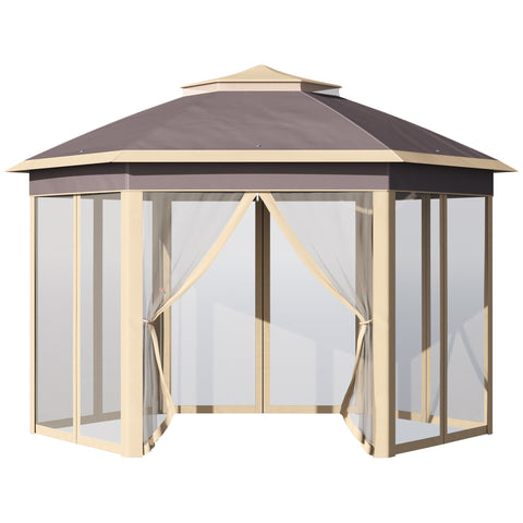 Tenda Dobrável 4,05x3,4x2,85 m Tenda de Jardim Hexagonal com Duplo Teto 6 Mosquiteiras Amovíveis Bolsa de Transporte Altura Ajustável e Anti-UV para Festa Pátio Bege