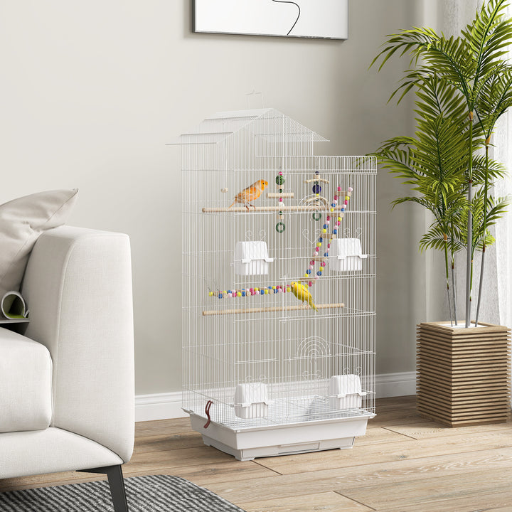 Gaiola para Passáros Gaiola de Metal com Múltiplas Portas 4 Comedouros 3 Poleiros Baloiço Escadas e Bandeja Removível para Periquitos Canários 46x36x100 cm Branco