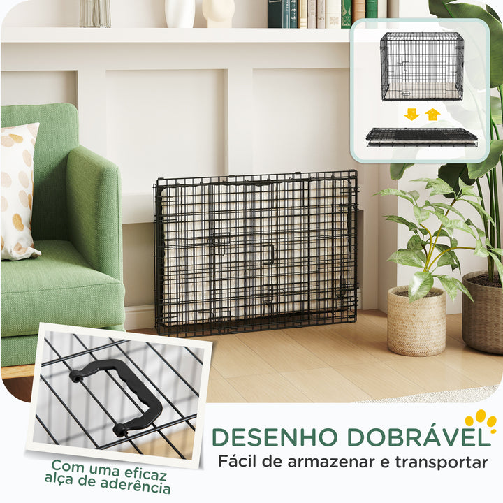 Gaiola Dobrável para Cães Pequenos com Almofada 2 Portas Bandeja Removível e Estrutura Metálica 75x48,5x53 cm Preto e Bege