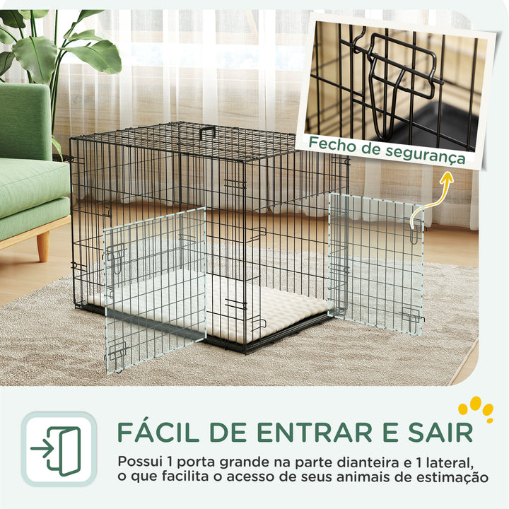 Gaiola Dobrável para Cães Pequenos com Almofada 2 Portas Bandeja Removível e Estrutura Metálica 75x48,5x53 cm Preto e Bege