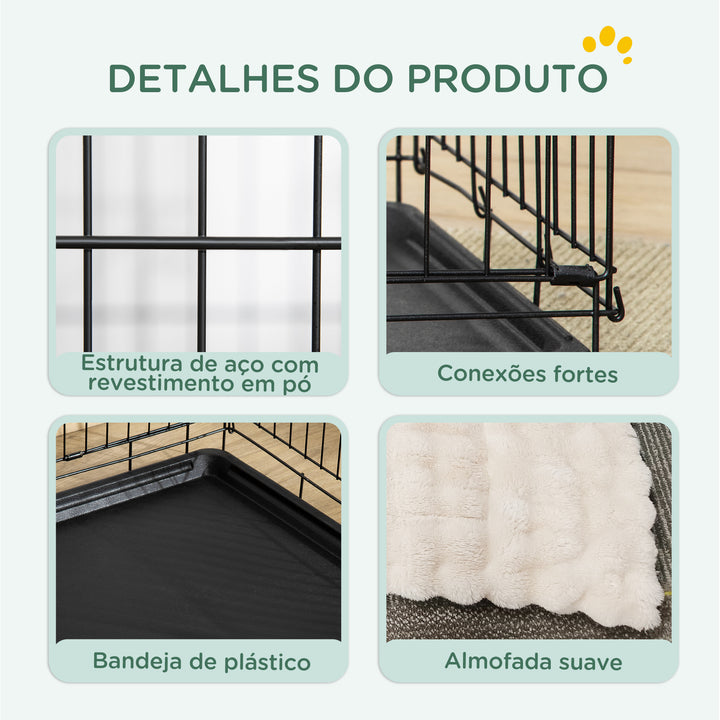 Gaiola Dobrável para Cães Pequenos com Almofada 2 Portas Bandeja Removível e Estrutura Metálica 75x48,5x53 cm Preto e Bege
