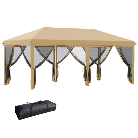 Tenda para Festas 6x3 m Tenda de Jardim com 6 Mosquiteiros Bolsa de Transporte e Estrutura de Aço para Campismo Festas Bege