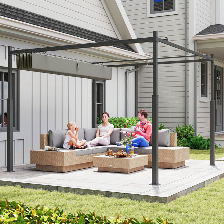 Pérgola de Jardim 3x3 m com Teto Retrátil e Acessório Magnético, Pavilhão de Jardim com Proteção UV30+, Colunas Metálicas e Ganchos, Cobertura para Terraço, Exterior, Cinzento