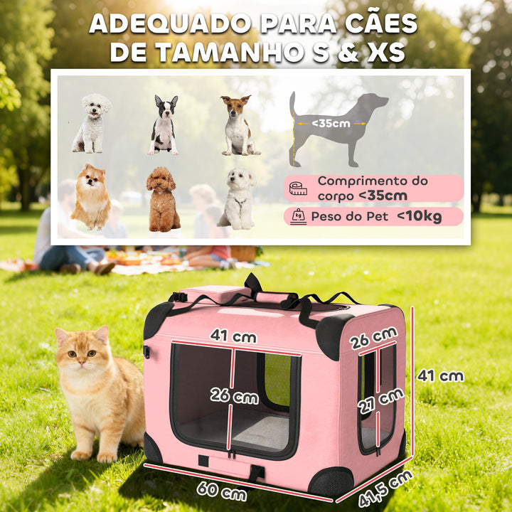 Transportadora Dobrável para Cães 60x41,5x41 cm com Janelas de Rede Almofada Macia e 2 Alças Bolsa para Mini Cães e Gatos Rosa