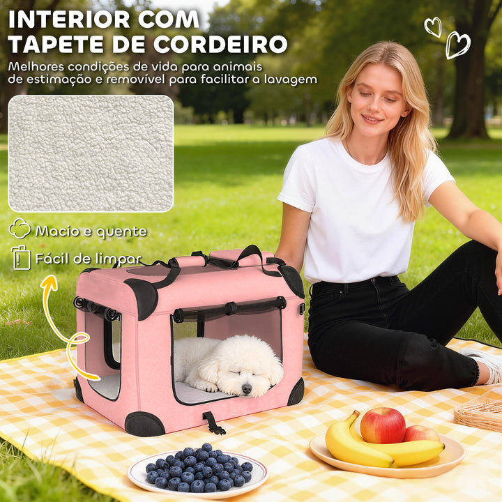Transportadora Dobrável para Cães 60x41,5x41 cm com Janelas de Rede Almofada Macia e 2 Alças Bolsa para Mini Cães e Gatos Rosa