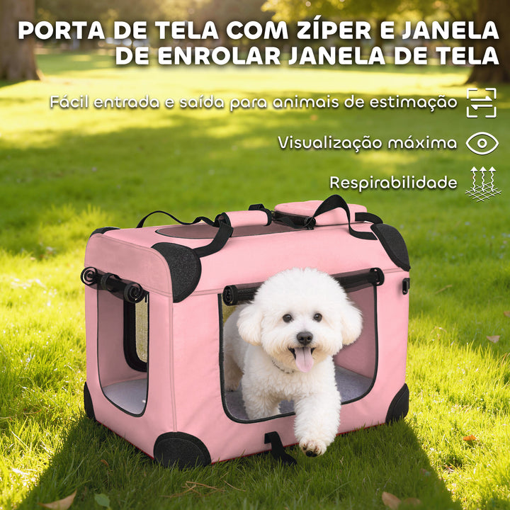 Transportadora Dobrável para Cães 60x41,5x41 cm com Janelas de Rede Almofada Macia e 2 Alças Bolsa para Mini Cães e Gatos Rosa