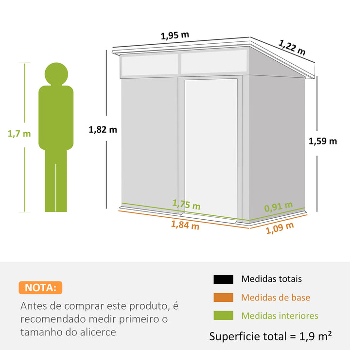 Abrigo de Jardim 1,9m² 195x122x182 cm Abrigo de Exterior com Base Reforçada (Chão NÃO Incluído) Porta Corredera Janelas Abrigo de Ferramentas para Pátio Marrom Claro