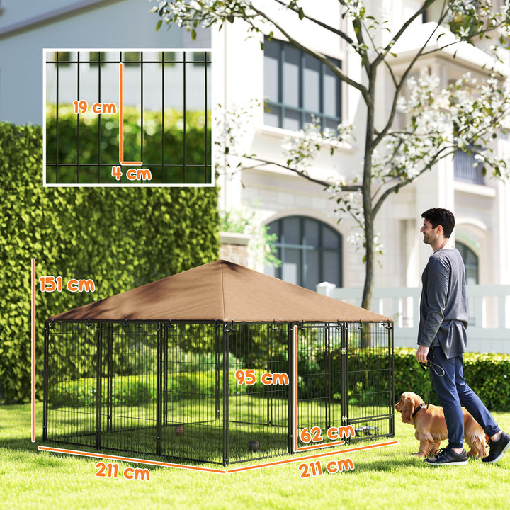 Parque para Cães com Toldo Canil para Exterior com Suporte Giratório para Comida 2 Tigelas Incluídas 211x211x151 cm Preto Marrom