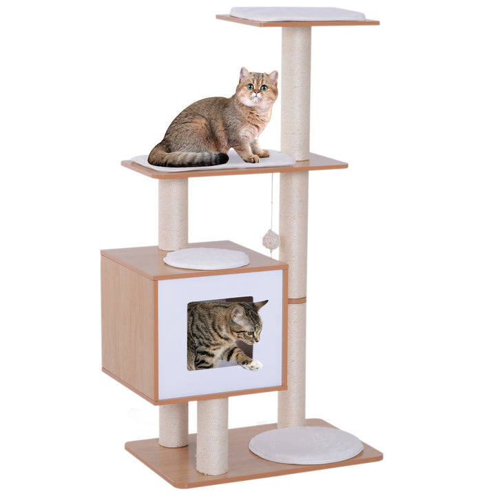 Árvore Arranhadora para Gatos de Madeira 71,5x49,5x120cm Torre para Gatos com Caverna Plataformas Postes Arranhadores de Sisal Almofadas de Pelúcia Suave e Bolas Suspensas Natural