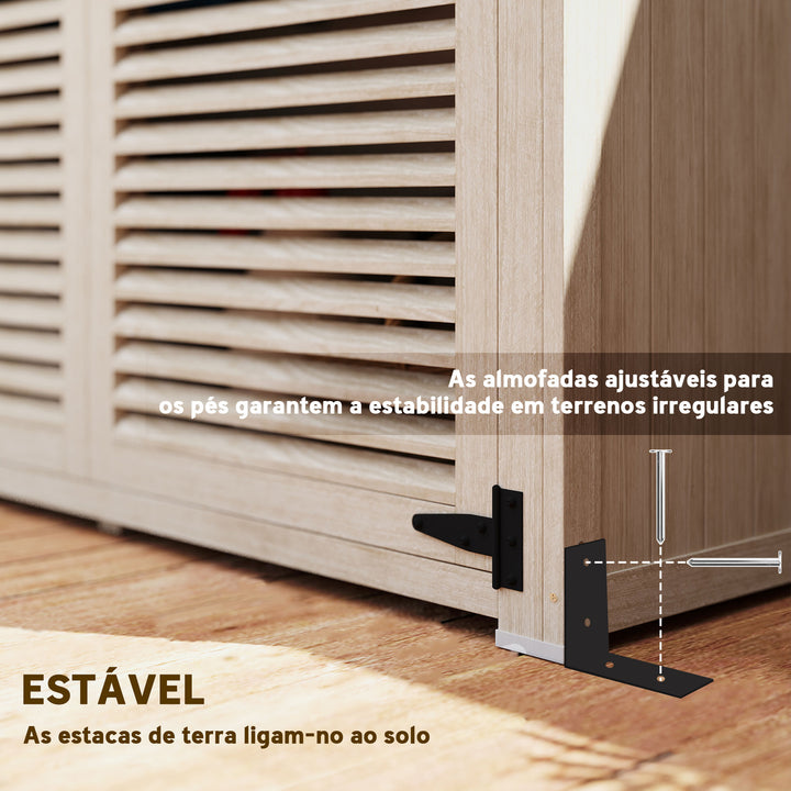 Armário de Jardim de Madeira 0,83 m² 127x65x168 cm Armário Exterior de Madeira com 2 Portas de Persiana 2 Prateleiras 2 Alças e Telhado Impermeável Natural