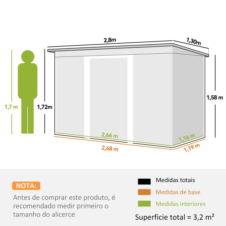 Abrigo de Jardim 280x130x172 cm Abrigo de Exterior de Aço Galvanizado com Porta Corredeira e Ventilações para Armazenamento de Ferramentas Cinza