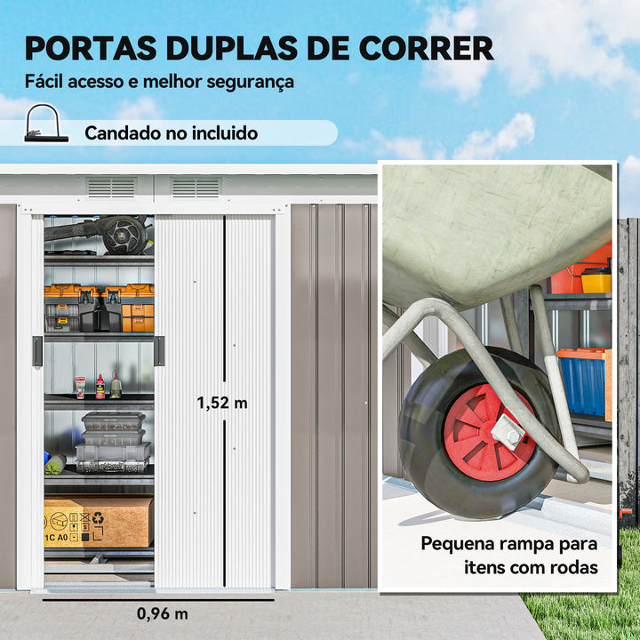 Abrigo de Jardim 280x130x172 cm Abrigo de Exterior de Aço Galvanizado com Porta Corredeira e Ventilações para Armazenamento de Ferramentas Cinza