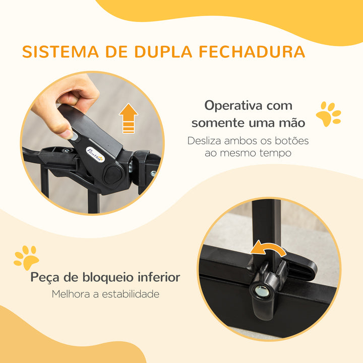 Barreira de Segurança para Cães Extensível para Portas Escadas 74-105cm com 2 Extensões de 10 e 15cm com 2 Portas e Fechadura Automática Aço Preto