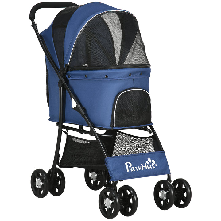 Carrinho para Cães Dobrável Carrinho para Animais de Estimação Carrinho para Cães Pequenos com Cesta de Armazenamento Capota Ajustável Janela de Malha e 2 Rodas Universais 81x48x99 cm Azul