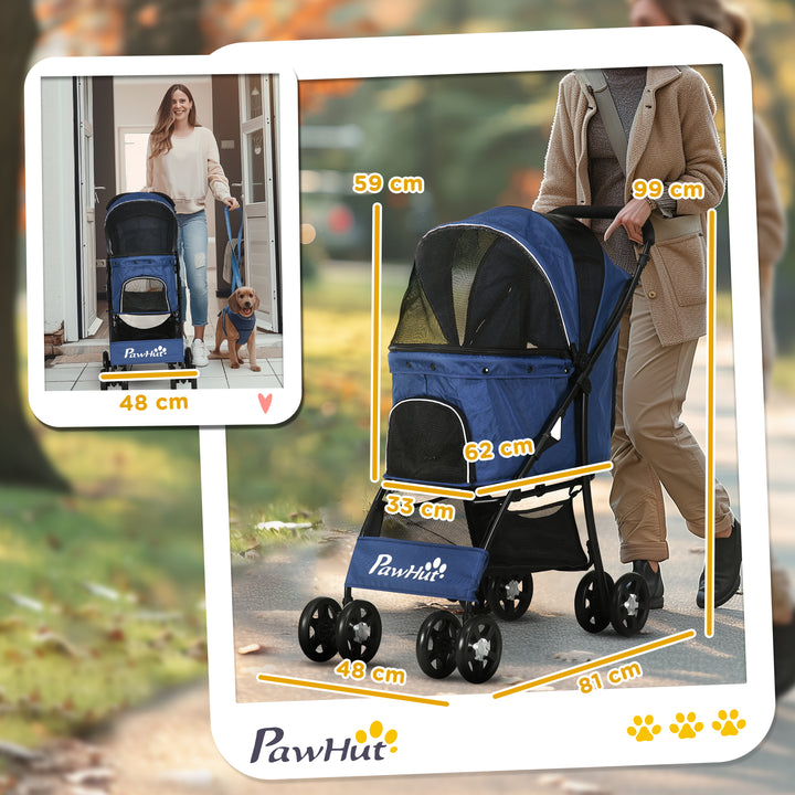 Carrinho para Cães Dobrável Carrinho para Animais de Estimação Carrinho para Cães Pequenos com Cesta de Armazenamento Capota Ajustável Janela de Malha e 2 Rodas Universais 81x48x99 cm Azul