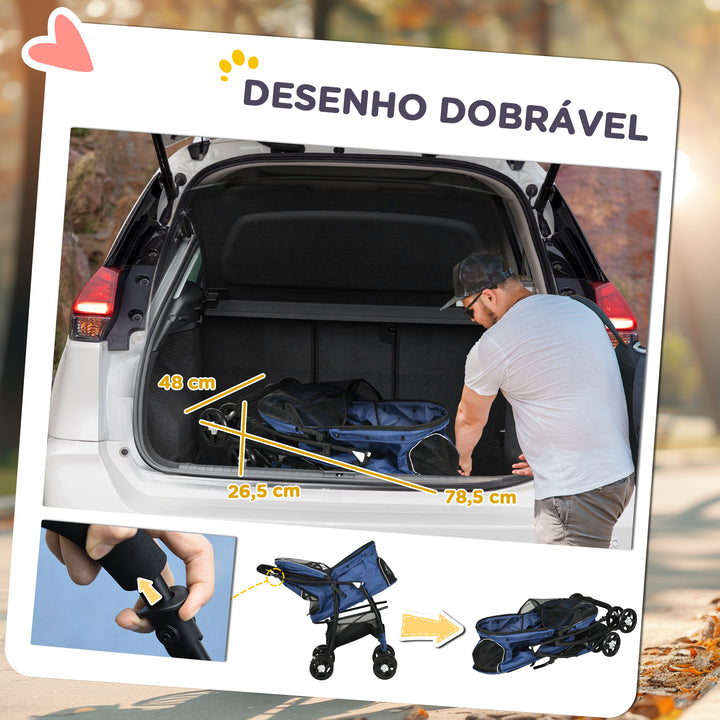 Carrinho para Cães Dobrável Carrinho para Animais de Estimação Carrinho para Cães Pequenos com Cesta de Armazenamento Capota Ajustável Janela de Malha e 2 Rodas Universais 81x48x99 cm Azul