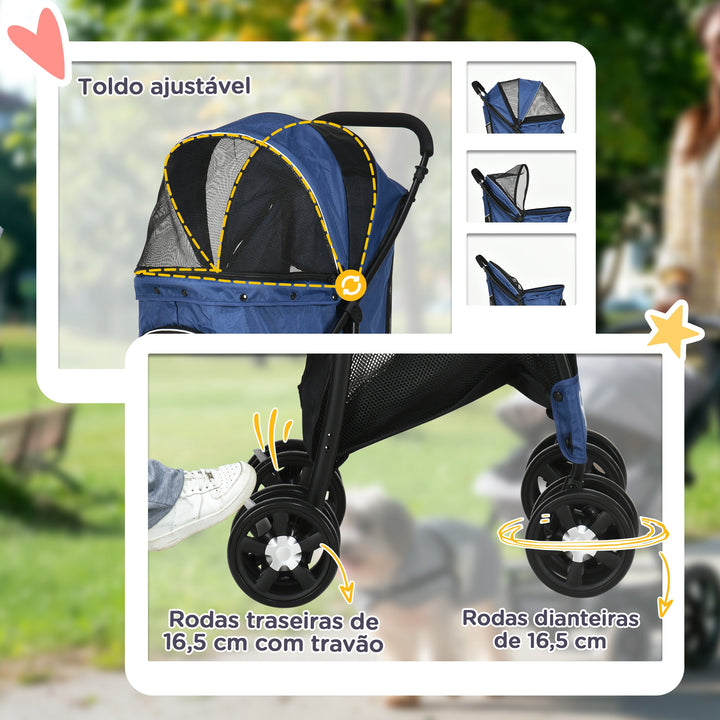 Carrinho para Cães Dobrável Carrinho para Animais de Estimação Carrinho para Cães Pequenos com Cesta de Armazenamento Capota Ajustável Janela de Malha e 2 Rodas Universais 81x48x99 cm Azul