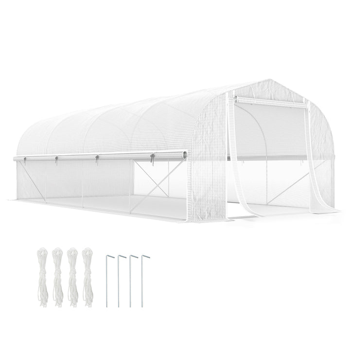 Estufa tipo Túnel 6x3x2 m Estufa de Exterior com 8 Janelas Cobertura de PE Anti UV e Porta Enrolável com Fecho de Correr Paredes Laterais com Malha Branco