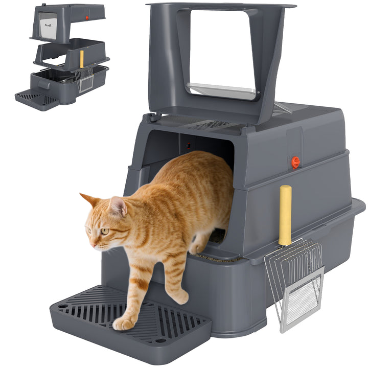 Caixa de Areia para Gatos de Aço Inoxidável XL com Tampa Articulada 180° Laterais Altas Pedal Pá Sem Odores Fácil de Limpar,Antiderrapante 63x43x43 cm Cinzento Escuro