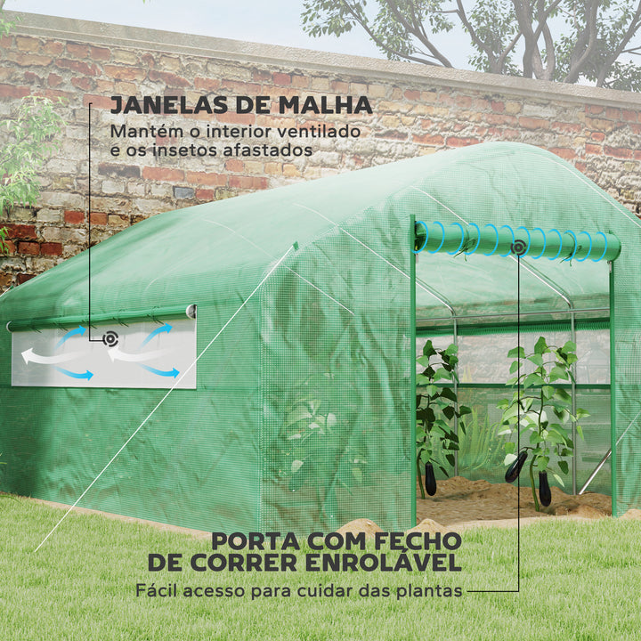 Estufa tipo Túnel 4x3x2 m Estufa de Exterior com 2 Janelas Cobertura PE Anti UV e 1 Porta de Enrolar com Fecho de Correr Estufa para Jardim Pátio Verde