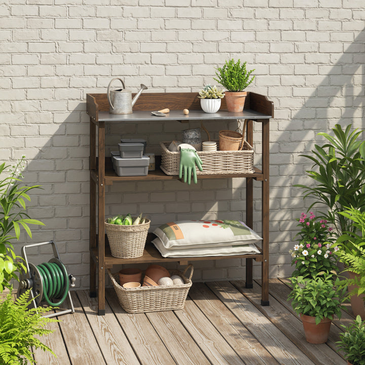 Mesa de Plantação de Madeira de 3 Níveis Mesa de Jardinagem com Superfície Metálica 2 Prateleiras e Ganchos Resistente às Intempéries para Jardim Terraço Varanda, 76x37x89 cm Carbonizado
