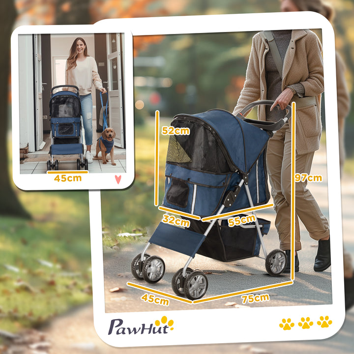 Carrinho de Passeio para Animais de Estimação Carrinho para Cães e Gatos Dobrável com Capô Ajustável Cesta de Armazenamento Suporte para Copos e Travão 75x45x97 cm Azul Escuro