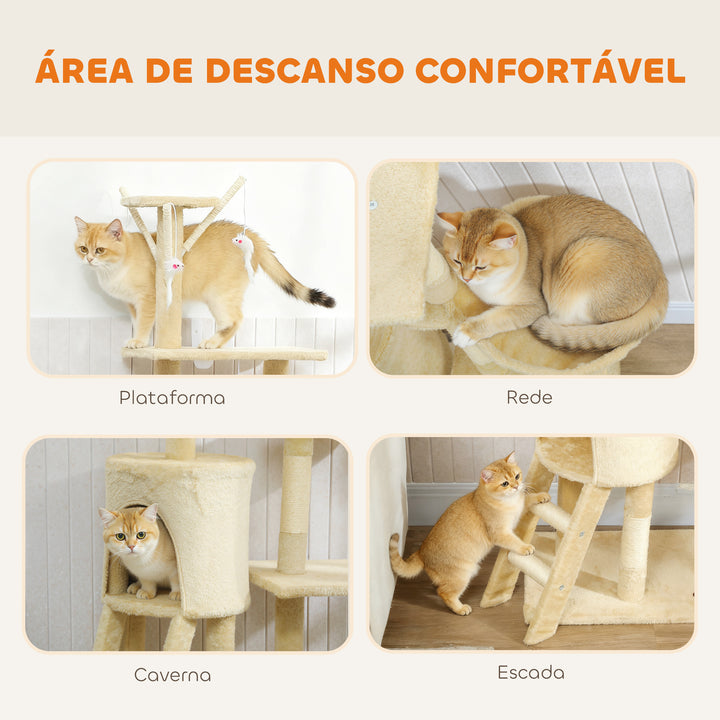 Arranhador para Gatos de 134 cm Torre para Gatos com Caverna Plataformas Rato de Brinquedo Rede e Postes de Sisal 60x35x134 cm Bege