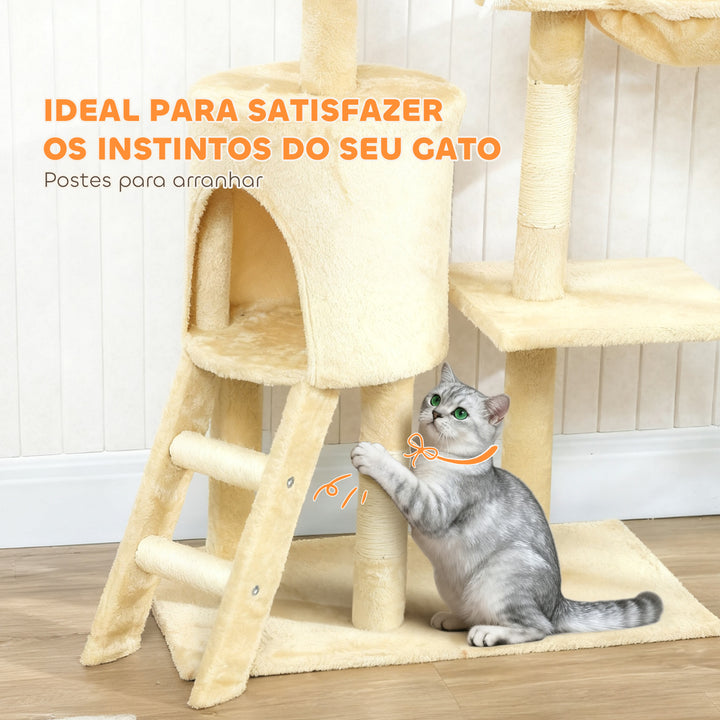 Arranhador para Gatos de 134 cm Torre para Gatos com Caverna Plataformas Rato de Brinquedo Rede e Postes de Sisal 60x35x134 cm Bege