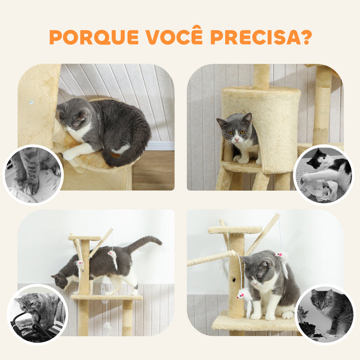 Arranhador para Gatos de 134 cm Torre para Gatos com Caverna Plataformas Rato de Brinquedo Rede e Postes de Sisal 60x35x134 cm Bege