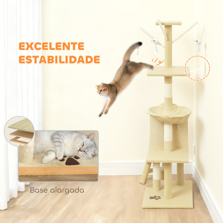 Arranhador para Gatos de 134 cm Torre para Gatos com Caverna Plataformas Rato de Brinquedo Rede e Postes de Sisal 60x35x134 cm Bege