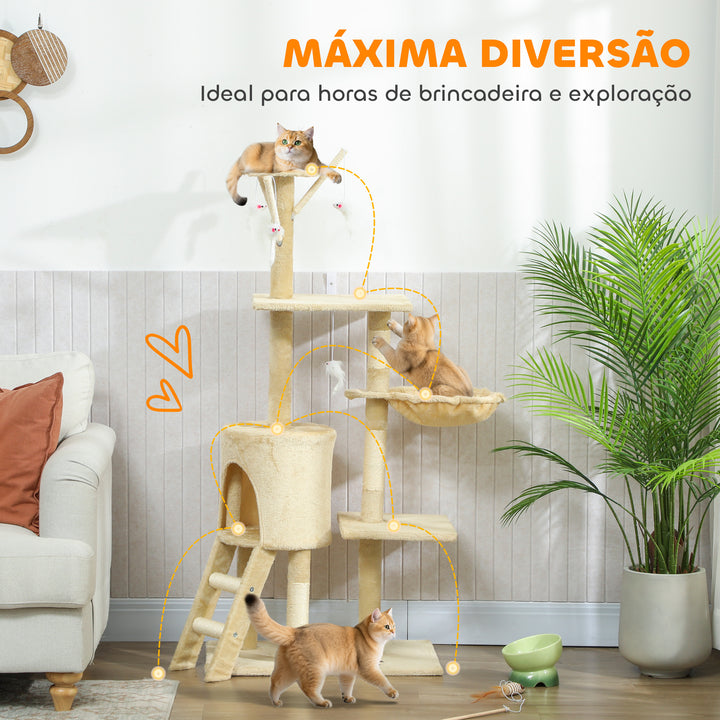 Arranhador para Gatos de 134 cm Torre para Gatos com Caverna Plataformas Rato de Brinquedo Rede e Postes de Sisal 60x35x134 cm Bege