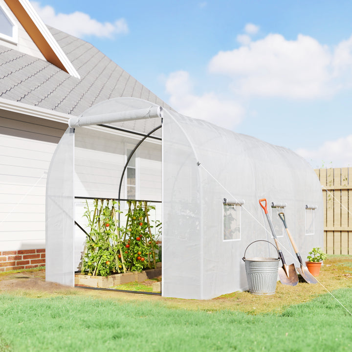Estufa de Jardim 350x200x200 cm Estufa de Túnel com Porta Enrolável e 6 Janelas Cobertura de PE 140 g/m² Estrutura de Metal para Cultivo de Plantas Verduras Branco