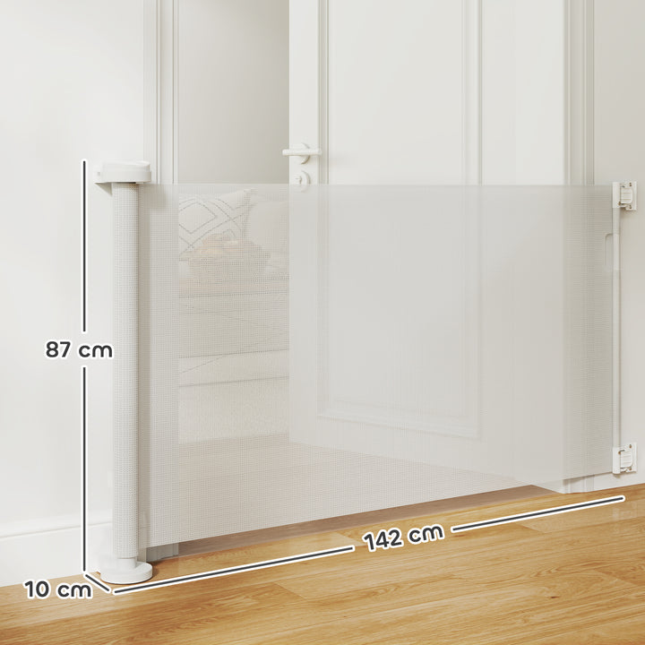 Barreira de Segurança para Cães Retrátil 0-136 cm Barreira para Cães Pequenos Extensível com Botão de Fecho Porta de Segurança para Corredores Escadas Interiores e Exteriores Branco