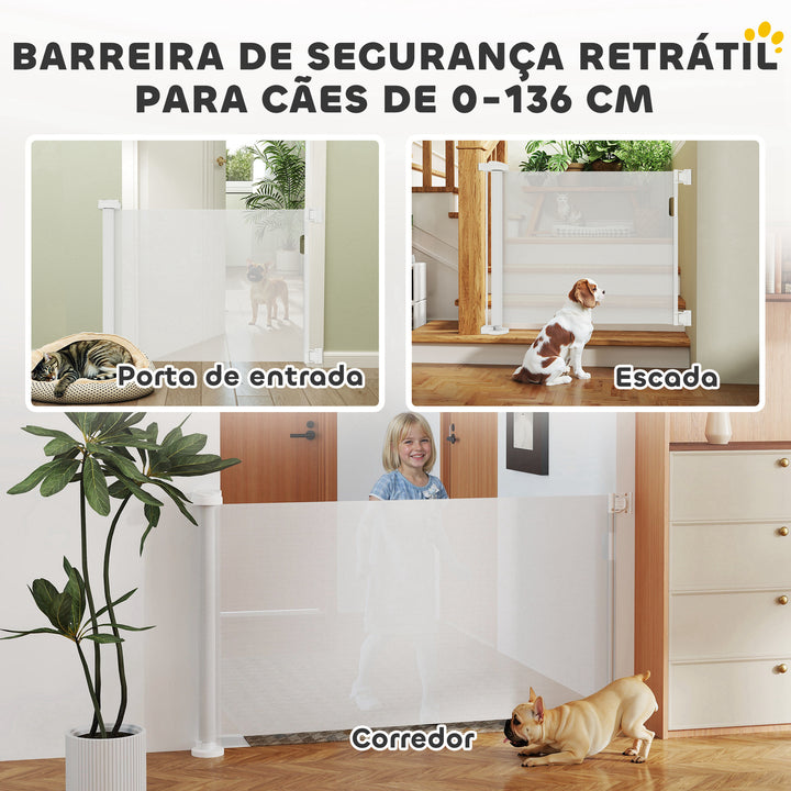 Barreira de Segurança para Cães Retrátil 0-136 cm Barreira para Cães Pequenos Extensível com Botão de Fecho Porta de Segurança para Corredores Escadas Interiores e Exteriores Branco