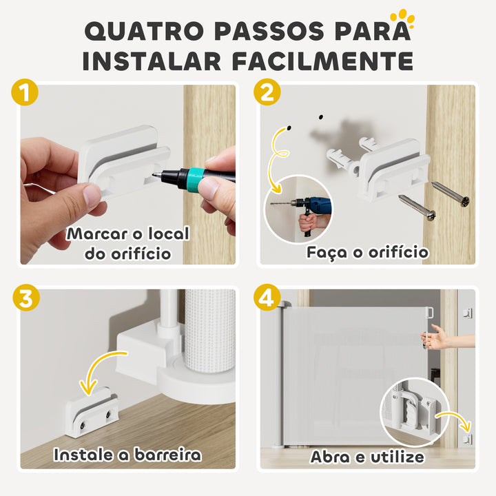 Barreira de Segurança para Cães Retrátil 0-136 cm Barreira para Cães Pequenos Extensível com Botão de Fecho Porta de Segurança para Corredores Escadas Interiores e Exteriores Branco