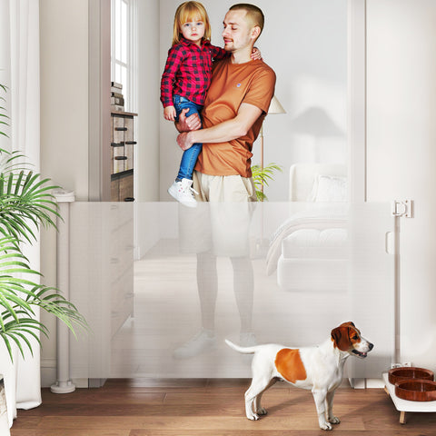 Barreira de Segurança para Cães Retrátil 0-136 cm Barreira para Cães Pequenos Extensível com Botão de Fecho Porta de Segurança para Corredores Escadas Interiores e Exteriores Branco