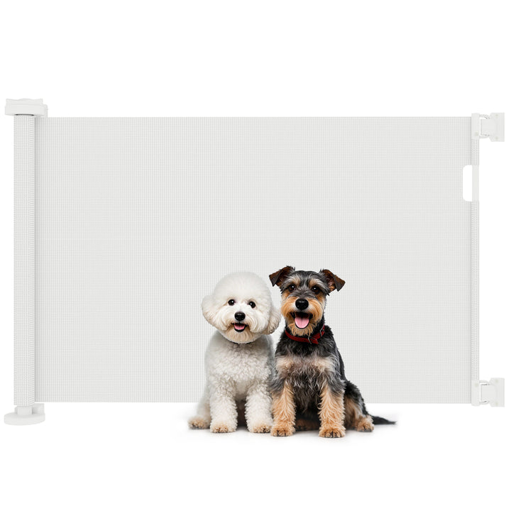 Barreira de Segurança para Cães Retrátil 0-136 cm Barreira para Cães Pequenos Extensível com Botão de Fecho Porta de Segurança para Corredores Escadas Interiores e Exteriores Branco