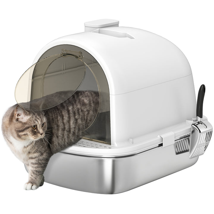 Caixa de Areia para Gatos em Aço Inoxidável com Tampa Caixa de Areia com Bolsa Desodorizante e Pá Fácil de Limpar 52,4x41,3x39,9 cm Branco